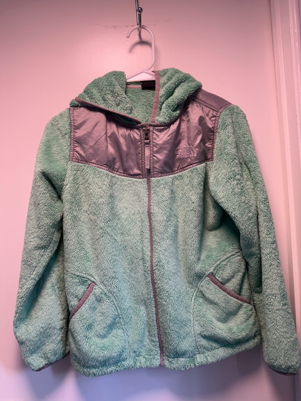 The North Face Mint Green Sherpa Fleece Zip Hoodie with Gray Yoke